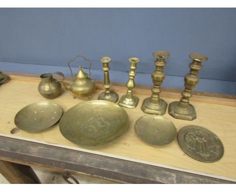 Mixed brass candlesticks and plates etc&nbsp;