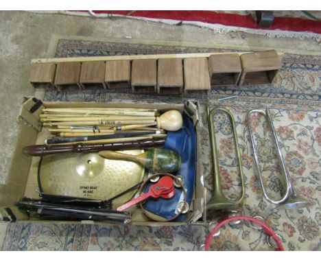 Musical instruments inc Temple blocks, 3 cymbals inc Zillijan with practice pad, collectable drum sticks, a guiro, other perc