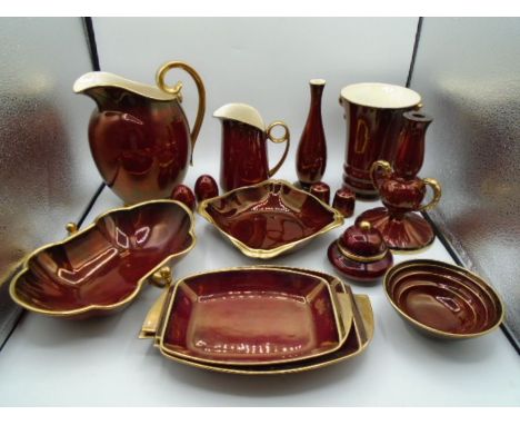 Carlton Ware Rouge Royale tableware with gilt decoration of various designs to incl plates, dishes, bowls, jugs, vases, candl