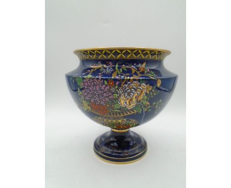 Carlton Ware Blue pedestal bowl with early W&amp;R crown backstamp hand painted with gilt decoration of flowers and foliage, 