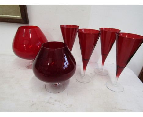 Red large brandy glass vases and 4 red glasses