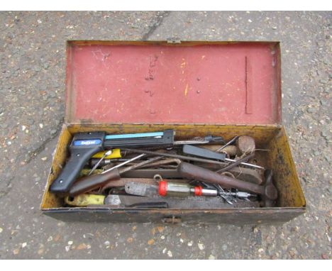 Vintage metal toolbox with tools to include hammers&nbsp;