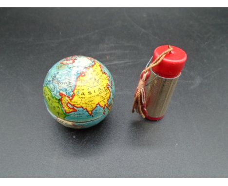 Two mini travel sewing kits - Tin globe dating from between 1890 -1930's due to Countries on globe, and one other, both with 