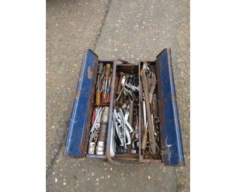 Metal toolbox with tools including spanners and screwdrivers&nbsp;