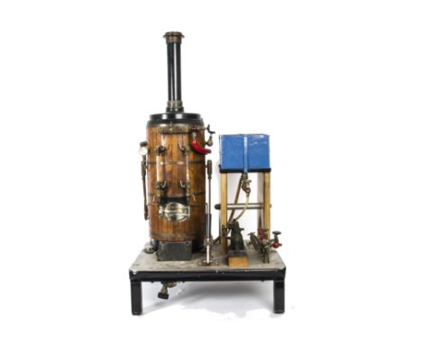 A Large Model Gas-Fired Vertical Boiler and Steam Pump, with approx 6" diameter boiler standing approx 14" high (including ch