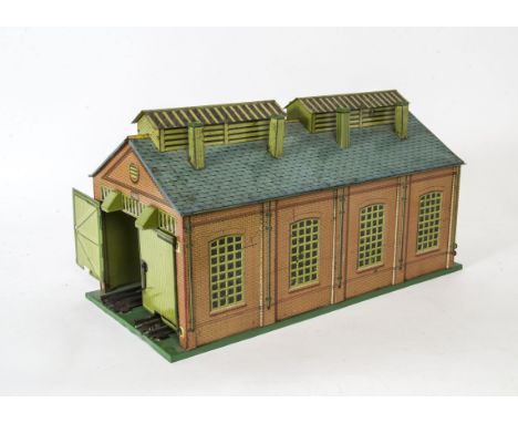 A Hornby O Gauge No 2E Engine Shed, unboxed, with added interior light, overall G, base repainted, two vents are replacements