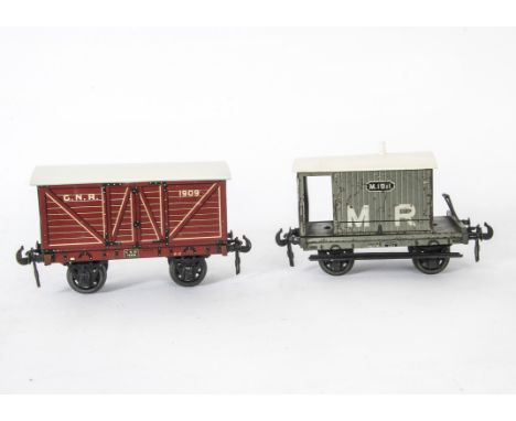 Carette/Bassett-Lowke Gauge 1 GNR Van and MR Brake Van, the GNR van no 1909 in red, G-VG, roof repainted, slight corrosion to