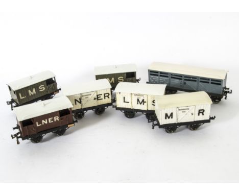 Hornby O Gauge 'OAG' Base Freight Stock and No 2 Cattle Wagon, comprising MR, LMS and LNER Refrigerator vans, all with hinged