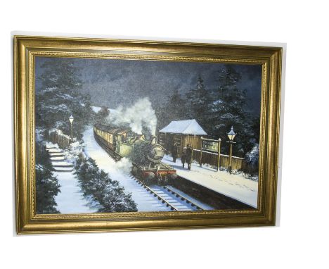 Alan King Oil on Canvas, entitled 'Snow Halt' a GWR Steam engine and passenger coaches, arriving at a snow covered Shaugh Bri