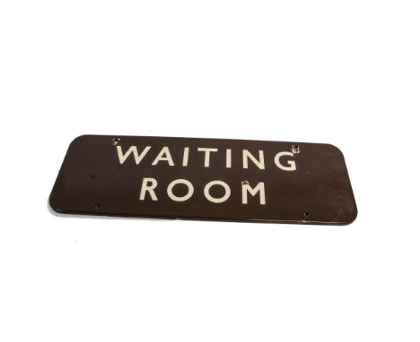 Waiting Room Sign, a BR Western Region Worcester station enamelled sign, with white lettering on a brown ground, fully flange