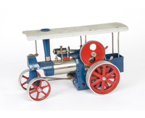 A Wilesco Live Steam Tablet-Fired Traction Engine, finished in blue/red with grey canopy, complete with burner tray, spanner,