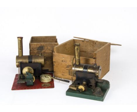 Two Bowman Live Steam Spirit-Fired Stationary Engines, one model M140 small twin-cylinder engine with chimney, spirit burner 