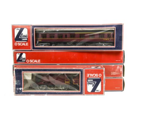 A Lima O Gauge 2-rail LMS 4F Locomotive and Coaching Stock, the Locomotive no 4683 with Tender in crimson, together with four