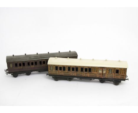 Two Bassett-Lowke Gauge 1 '1921-Series' Brake/3rd Coaches, probably by Bing, comprising LNER 'teak' no 1234N, G-VG, roof repa