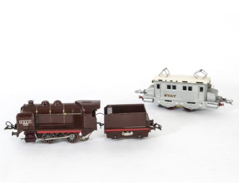 Two French Hornby O Gauge 20v Electric Locomotives, comprising SNCF crimson-brown 0-4-0 and Tender, with supplementary roller