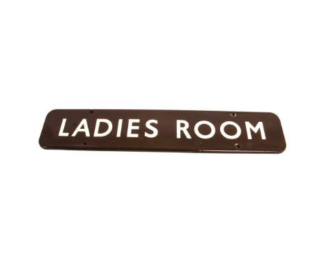 Ladies Room Sign, a BR Western Region Worcester station enamelled sign, with white lettering on a brown ground, fully flanged