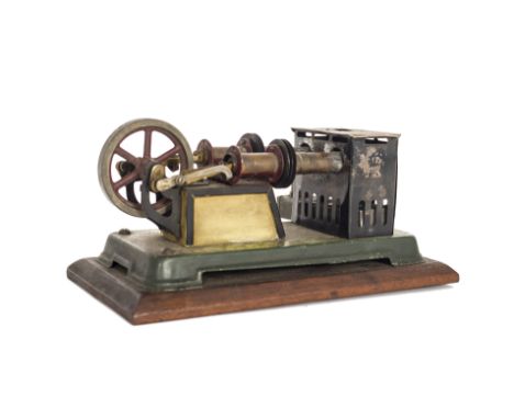 Bing  horizontal hot air Steam Engine,  with twin cylinders and flywheel,  patterned green tin base fixed to a wooden base, l