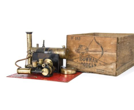 A Bowman Model M122 Live Steam Spirit-Fired Stationary Engine, large twin-cylinder model on red base with twin oil-pots, deta