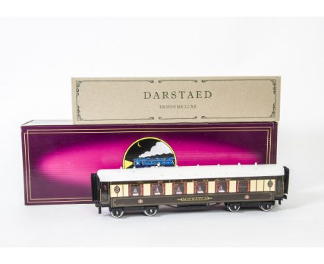 Two Darstaed O Gauge Pullman Cars and an LMS Coach by MTH,  the Pullman Cars in umber/cream livery with ivory roofs and inter