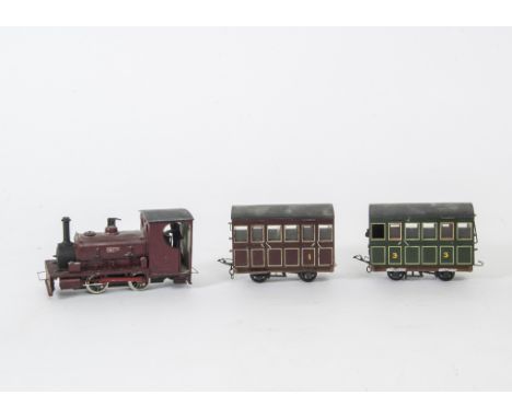 0 Gauge Narrow Gauge 00-9 Locomotive and Coaches, kitbuilt 0-4-0 Tank engine 'Hadrian' and two 4-wheel Coaches, 1st Class in 