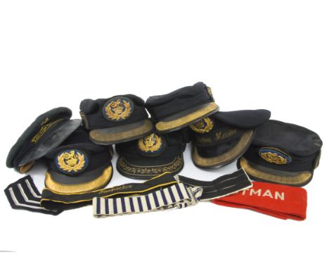 British Rail Peaked Caps, a group of seven vintage caps, six with British Rail emblem, five in brass, some with gold braid, t
