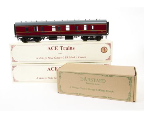 Three ACE Trains O Gauge 2/3-rail Individual BR (LMR) Mark 1 Coaches and Darstaed 'Stove' Van,  all in LMR crimson livery, co