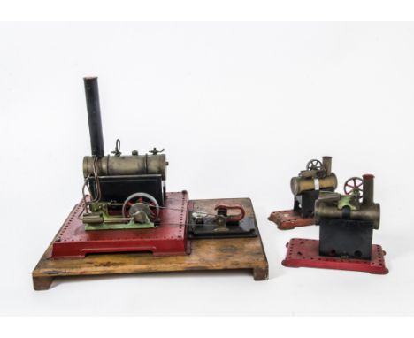 Mamod Live Steam Spirit-Fired Stationary Engines, comprising twin-cylinder SE3 engine, mounted on a board with a Merit 'Dynam