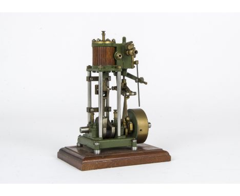 A Vertical Single-Cylinder Steam Engine, mounted on pillars with wood-lagged cylinder, valve chest by 'DSM' or similar, with 