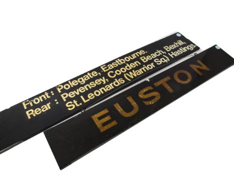 Vintage Wooden Platform Signs, a trio of signs comprising a painted double sided hanging sign over varnished and inscribed 'E