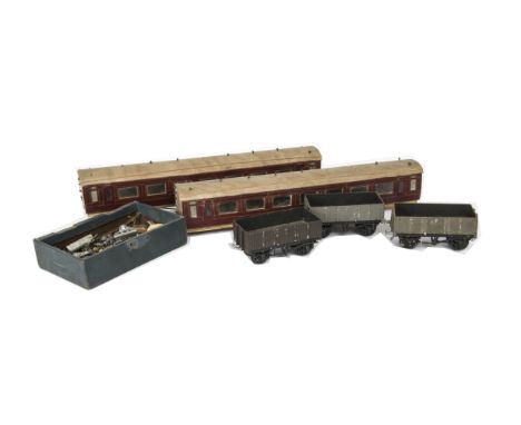 A Collection of Incomplete Coarse-Scale O Gauge Rolling Stock and Track, including three LMS coach bodies, possibly from CCW 