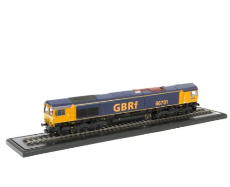 An Aristocraft G Scale UK Class 66 Diesel Locomotive and Display Track, ref 23205, in GBRf 'First' Blue/orange livery as no 6