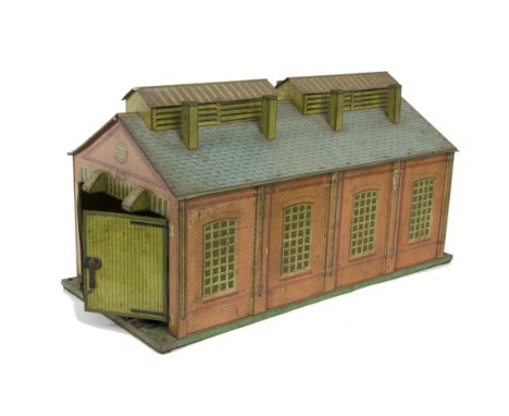 A Hornby O Gauge No 2E Engine Shed, with 3-rail tracks, F, essentially complete except one door latch, with some playwear, fa