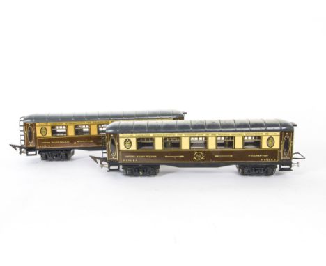 Two JEP O Gauge 3-rail 'Flêche D'Or' Wagons-Lits Coaches, in finely-lithographed CIWL brown/cream livery with 'Golden Arrow' 