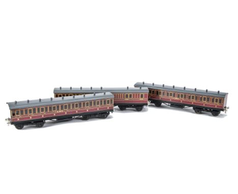 An ACE Trains O Gauge C1 3-car Coach Set,  in LMS crimson, comprising all-1st, all-3rd and brake/3rd non-corridor coaches, al