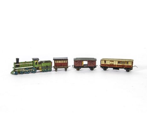 Penny Toy Train and unrelated Carriages and truck, green Engine with attached Tender similar to Meier, Kellerman Clerestory c