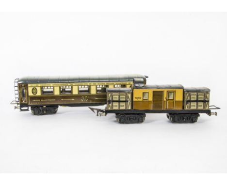 JEP O Gauge 3-rail 'Flêche D'Or' Wagons-Lits Coach and Fourgon, the coach in CIWL brown/cream livery with 'Golden Arrow' moti