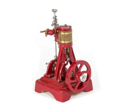 A Small Vertical Single-Cylinder Steam Engine, on cast frame with wood-lagged cylinder, bevel-driven Watt-type governor, over