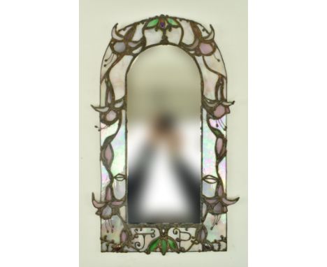 John Leathwood, Hull -&nbsp;An Art Nouveau style arched top stained leaded glass decorative wall hanging mirror. The mirror h