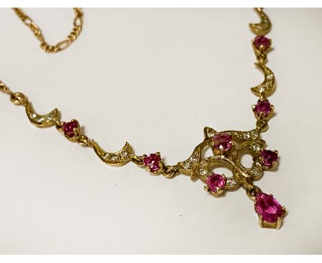RUBY &amp; DIAMOND PENDANT WITH 9CT GOLD FIGARO CHAIN