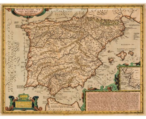 Spain &amp; Gibraltar. Ortelius (Abraham), Hispaniae Veteris Descriptio, circa 1600, hand-coloured engraved map, strapwork ca