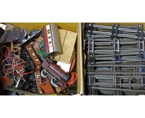 Hornby and other Clockwork O Gauge Trains, a large box of 'distraught' Hornby and other items, including LMS red locomotive 5