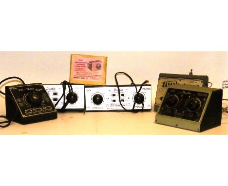 Collection of Model Train Controllers, all with 12v DC output, comprising 3 H&M 'Duette' type dual controllers (one 'upright'