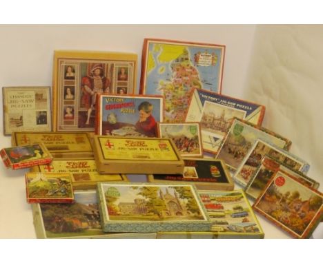 Victory Jigsaw Puzzles, Eleven boxed plywood examples including Road Vehicle,  Winchester Cathedral, Geographical, Coronation