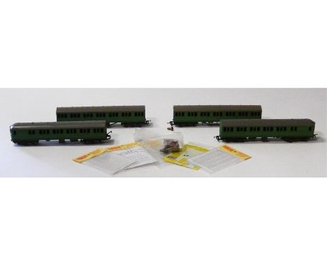 Tri-ang 00 Gauge 4-Car EMU,  repainted light green, with four packs of South Eastern Diecast flush windows and Model masters 