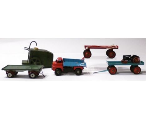 Shackleton Dyson Trailer, dark green with red wheel arches, two additional trailers, Tri-ang  Tipper Lorry, red/blue, clockwo