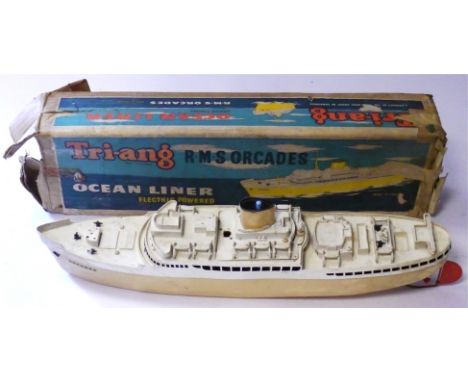 Tri-ang Minic Electric Ocean Liner 'RMS Orcades', light brown plastic hull with white superstructure and red rudders, in orig