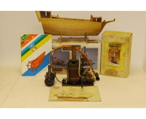 Two Model Live Steam Marine Engines and Other Items, comprising a Cheddar Models 'Pintail' twin-cylinder engine with vertical