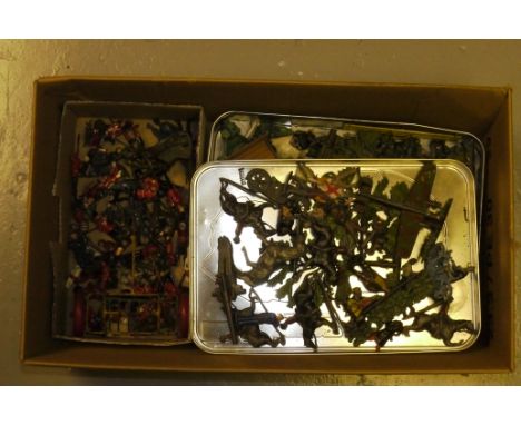 Britains and others playworn Pre -War Lead Figures, Including  British and French troops, cavalry and Highland Regiment, toge