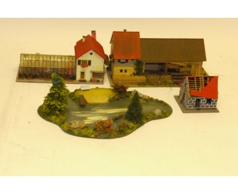 A Modest Group of Continental-style Set-piece Scenic Accoutrements by Faller and Noch, including boxed Faller House Nr 219, G