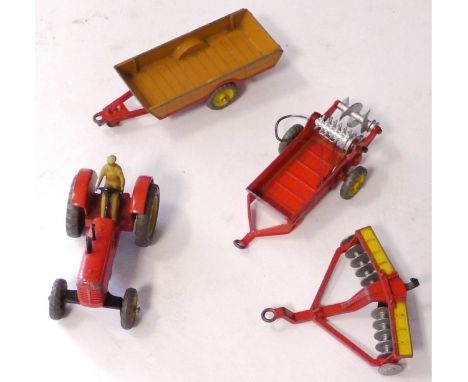 Dinky Farm Vehicles, comprised of a 310 'Massey-Harris' Tractor, 320 Halesowen Farm Trailer, 321 'Massey-Harris' Manure Sprea